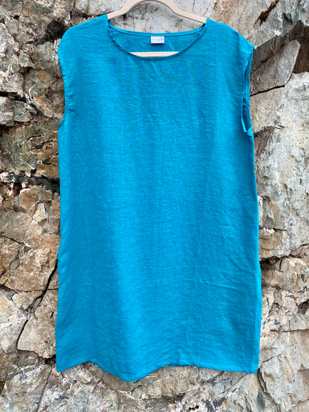 Lagoon Blue Linen Short Sleeve Dress