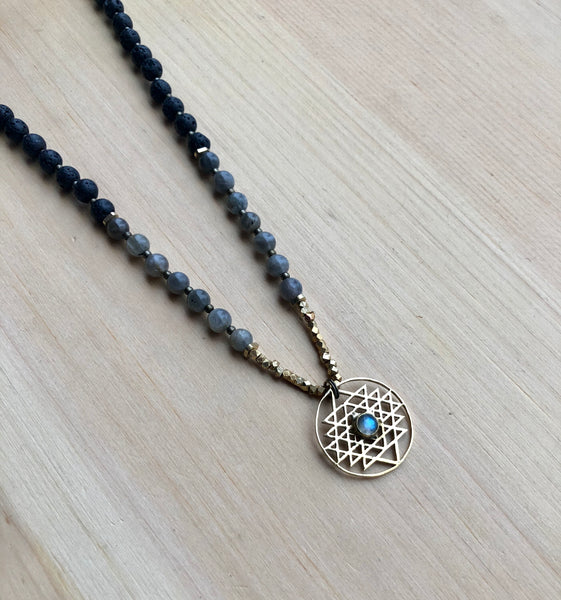 Lava Stone, Labradorite & Sri Yantra Mala Necklace