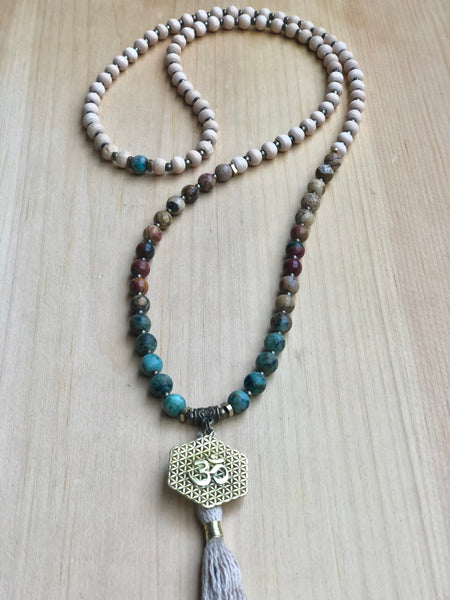 Picasso Jasper, African Turquoise and Om Mala Necklace