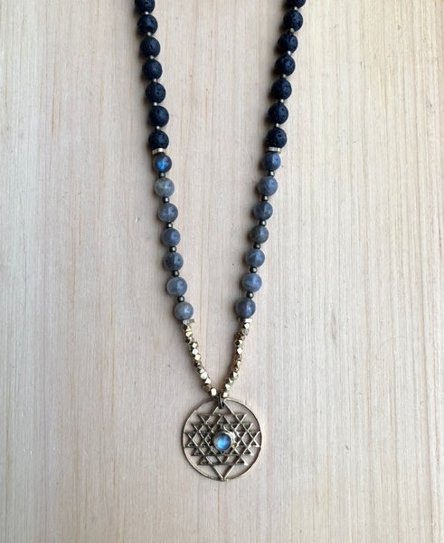 Lava Stone, Labradorite & Sri Yantra Mala Necklace