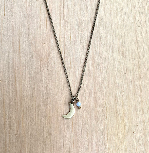 Rainbow Moonstone and Brass Moon Necklace