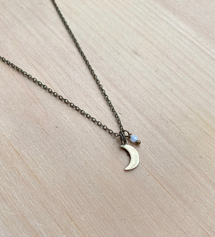 Rainbow Moonstone and Brass Moon Necklace