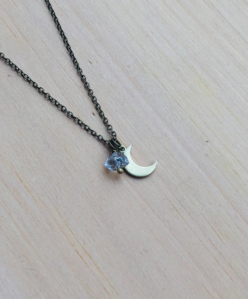 Herkimer Diamond and Brass Moon Necklace