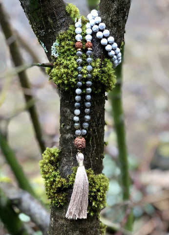 Howlite, Labradorite and Rudraksha Seed Mala Necklace