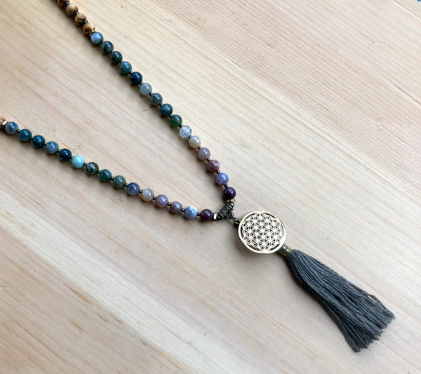 Indian Agate Flower of Life Mala Necklace
