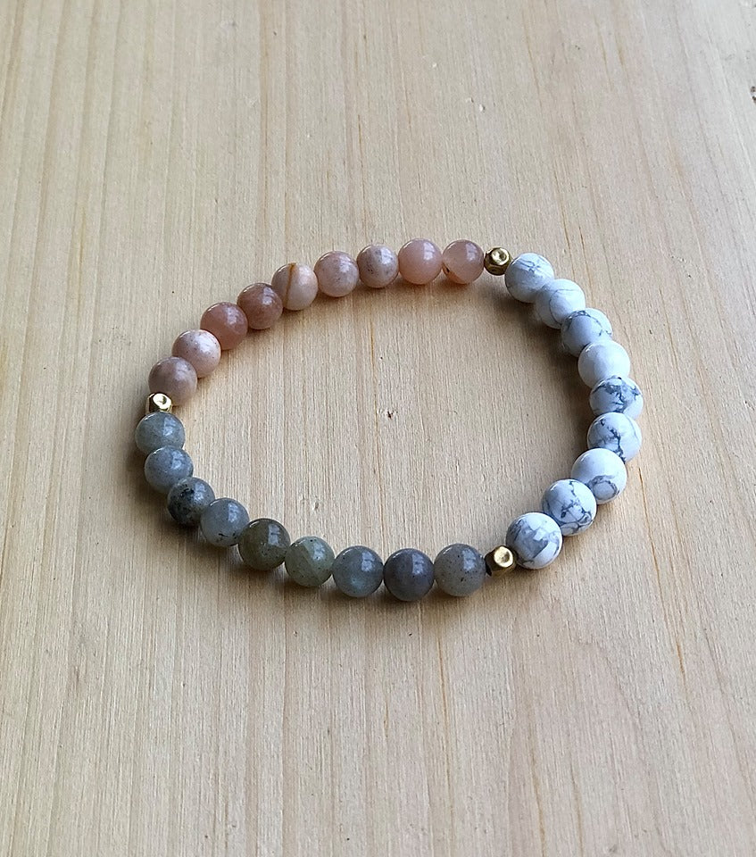 Howlite, Sunstone, Labradorite and brass Mala Bracelet