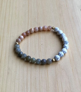 Howlite, Sunstone, Labradorite and brass Mala Bracelet