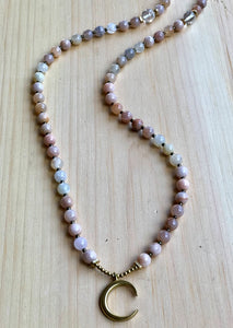 Sunstone, Quartz and Brass Moon Mala Necklace
