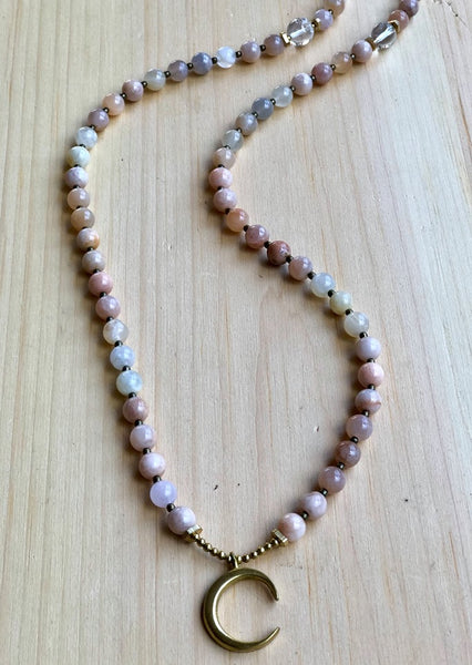 Sunstone, Quartz and Brass Moon Mala Necklace