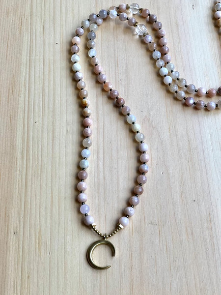 Sunstone, Quartz and Brass Moon Mala Necklace