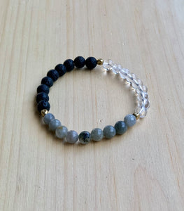 Lava Stone, Labradorite and Quartz Mala Bracelet