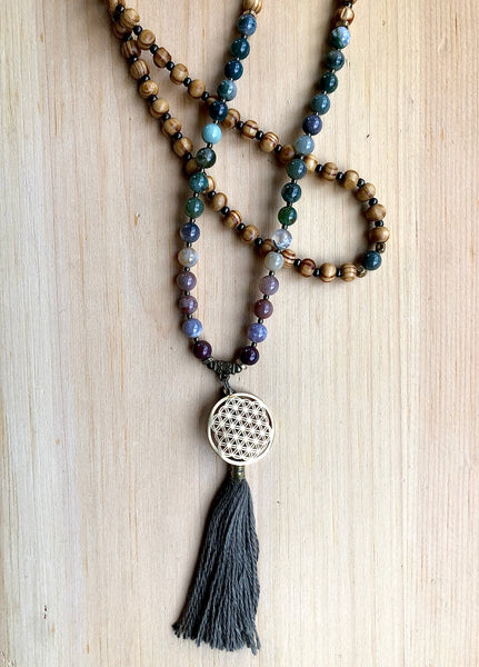 Indian Agate Flower of Life Mala Necklace