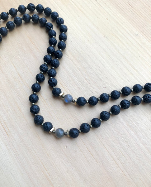 Lava Stone, Labradorite & Sri Yantra Mala Necklace