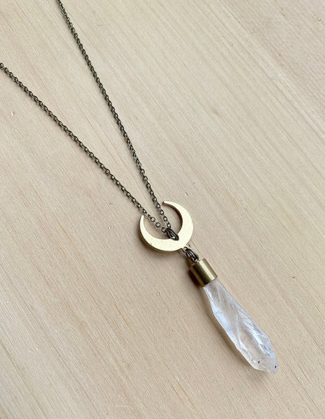 Quartz and brass moon necklace