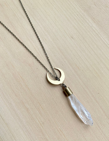 Quartz and brass moon necklace