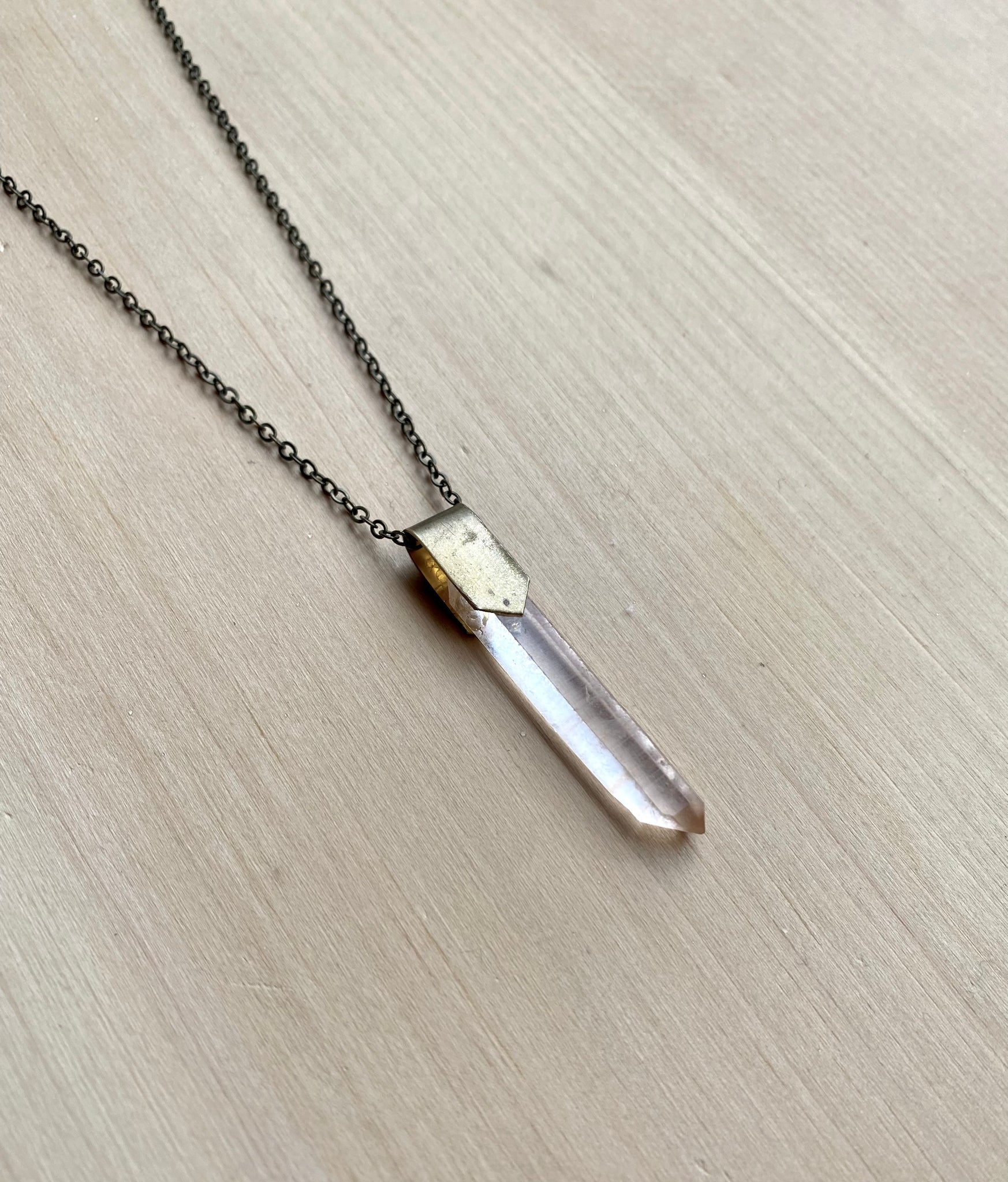 Lemurian Seed Quartz and scrap brass necklace