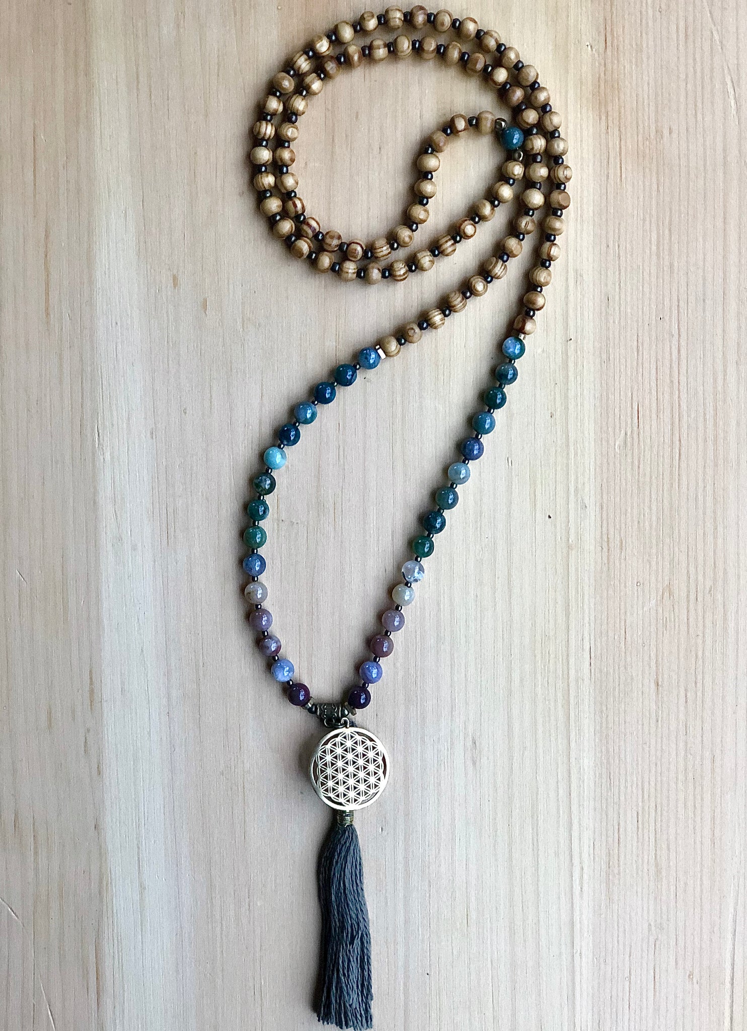 Indian Agate Flower of Life Mala Necklace