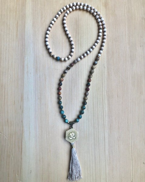 Picasso Jasper, African Turquoise and Om Mala Necklace